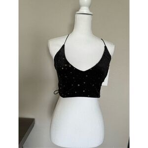 Black Velvet Star Lace Up Crop Top Small